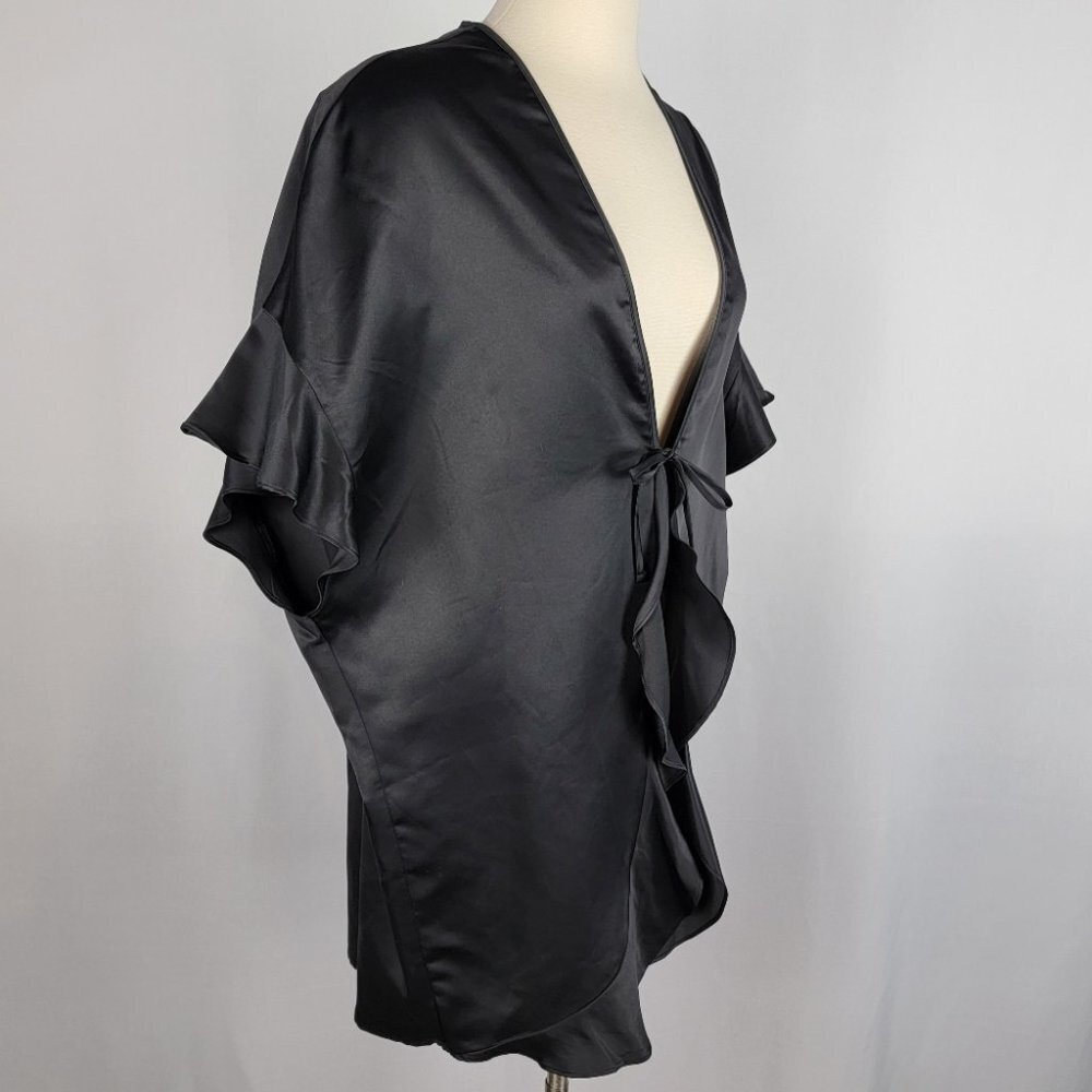 Victorias Secret Kimono Robe Womens One Size Black Satin Ruffle Tie Front Cover - Picture 6 of 15